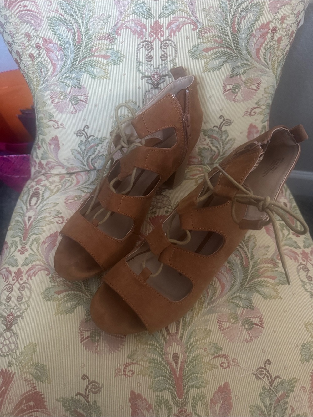 new directions Tan Lace-Up Cutout Block Heel Sandals